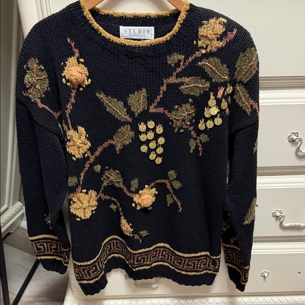 Vintage Studio Michelle Stuart Black and Gold Floral Women's Sweater 80s or 90s